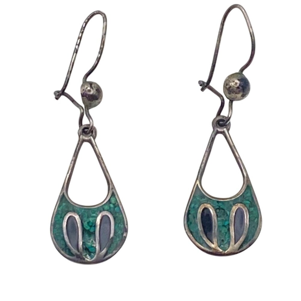 Taxco Mexico Sterling Silver Teardrop Earrings Crushed Stone Inlay TC97 LOOK